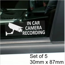 5 x In Car Camera Recording-STANDARD Camera Design-Window Stickers-87mm x 30mm White on Clear-CCTV Sign-Van,Lorry,Truck,Taxi,Bus,Mini Cab,Minicab-Security-Go Pro,Dashcam